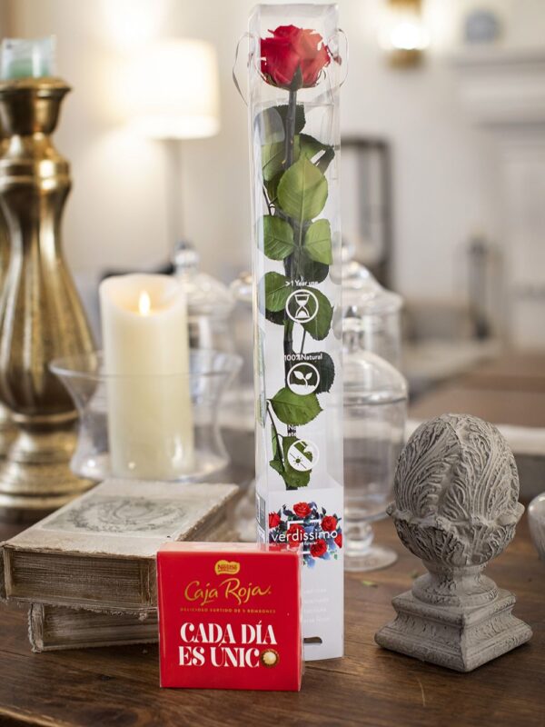 Rosa preservada roja + bombón caja roja