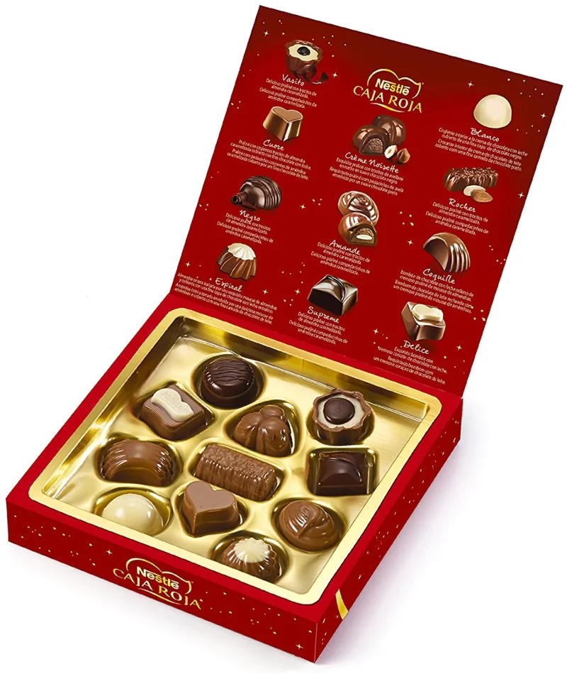 Caja roja de nestle con 11 bombones de regalo con el pedido de bouquet de 12 rosas